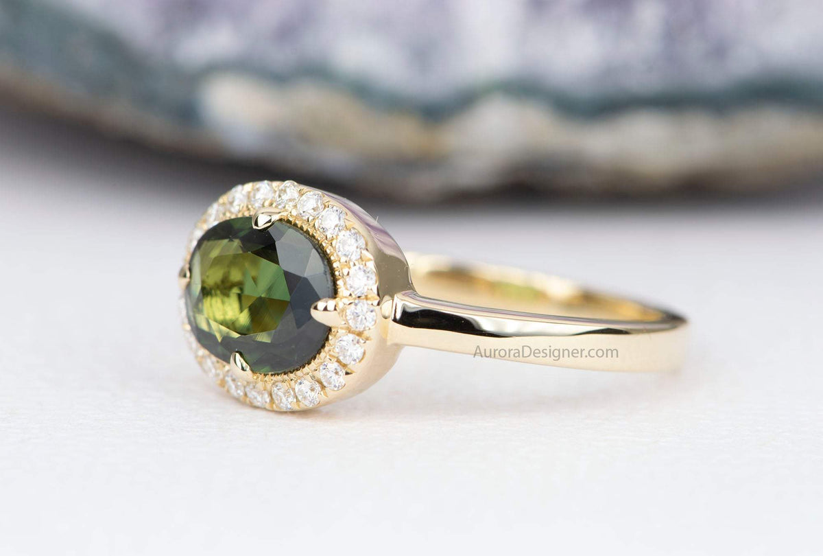 1.16ct Oval Shape Green Sapphire 14K Yellow Gold Engagement Ring Moissanite Halo AD1891