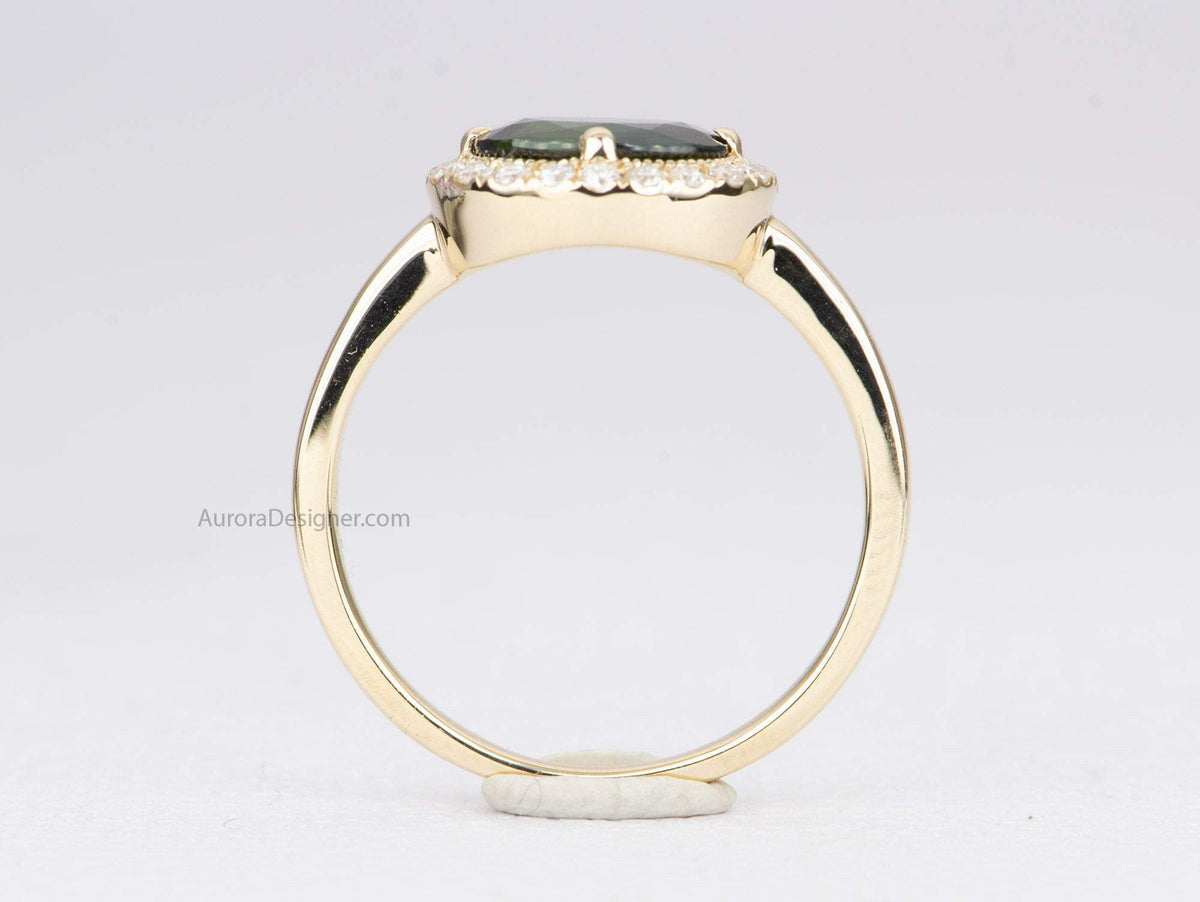 1.16ct Oval Shape Green Sapphire 14K Yellow Gold Engagement Ring Moissanite Halo AD1891