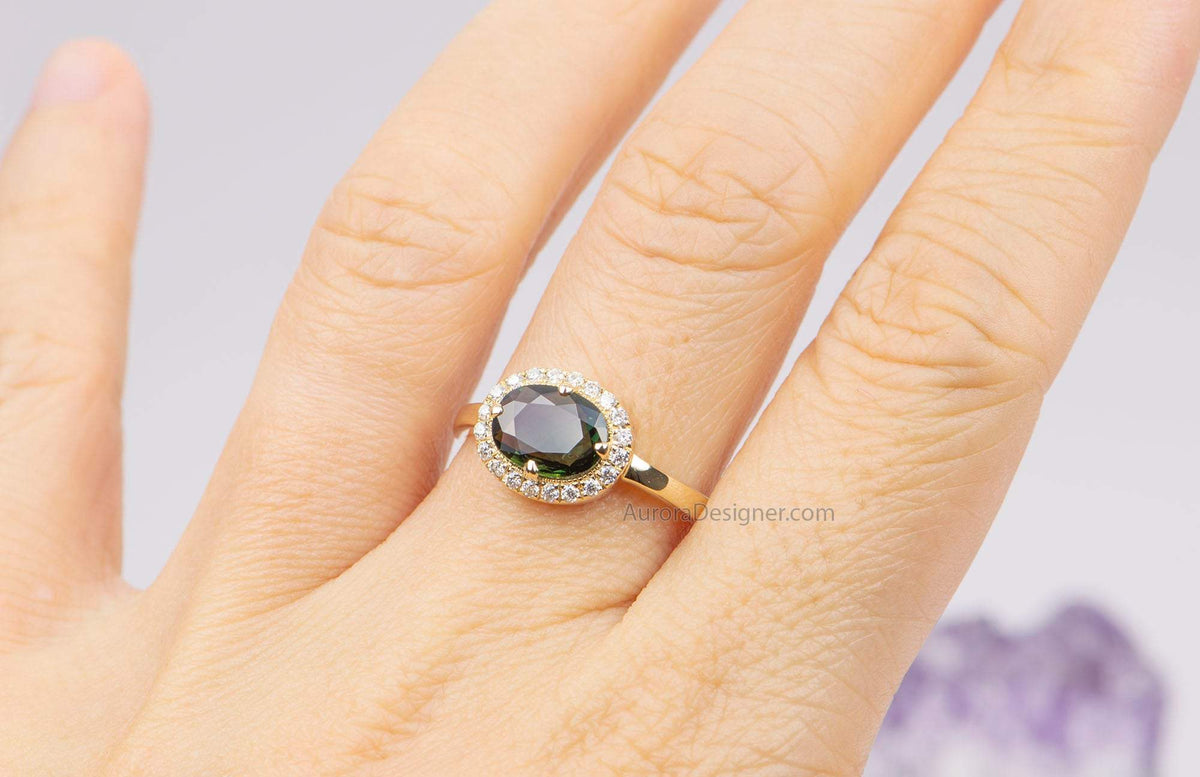 1.16ct Oval Shape Green Sapphire 14K Yellow Gold Engagement Ring Moissanite Halo AD1891