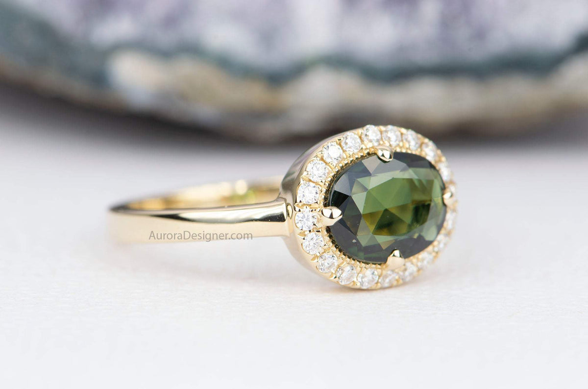 1.16ct Oval Shape Green Sapphire 14K Yellow Gold Engagement Ring Moissanite Halo AD1891