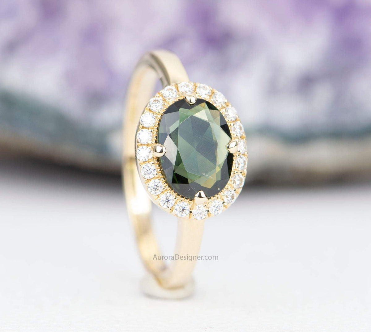 1.16ct Oval Shape Green Sapphire 14K Yellow Gold Engagement Ring Moissanite Halo AD1891