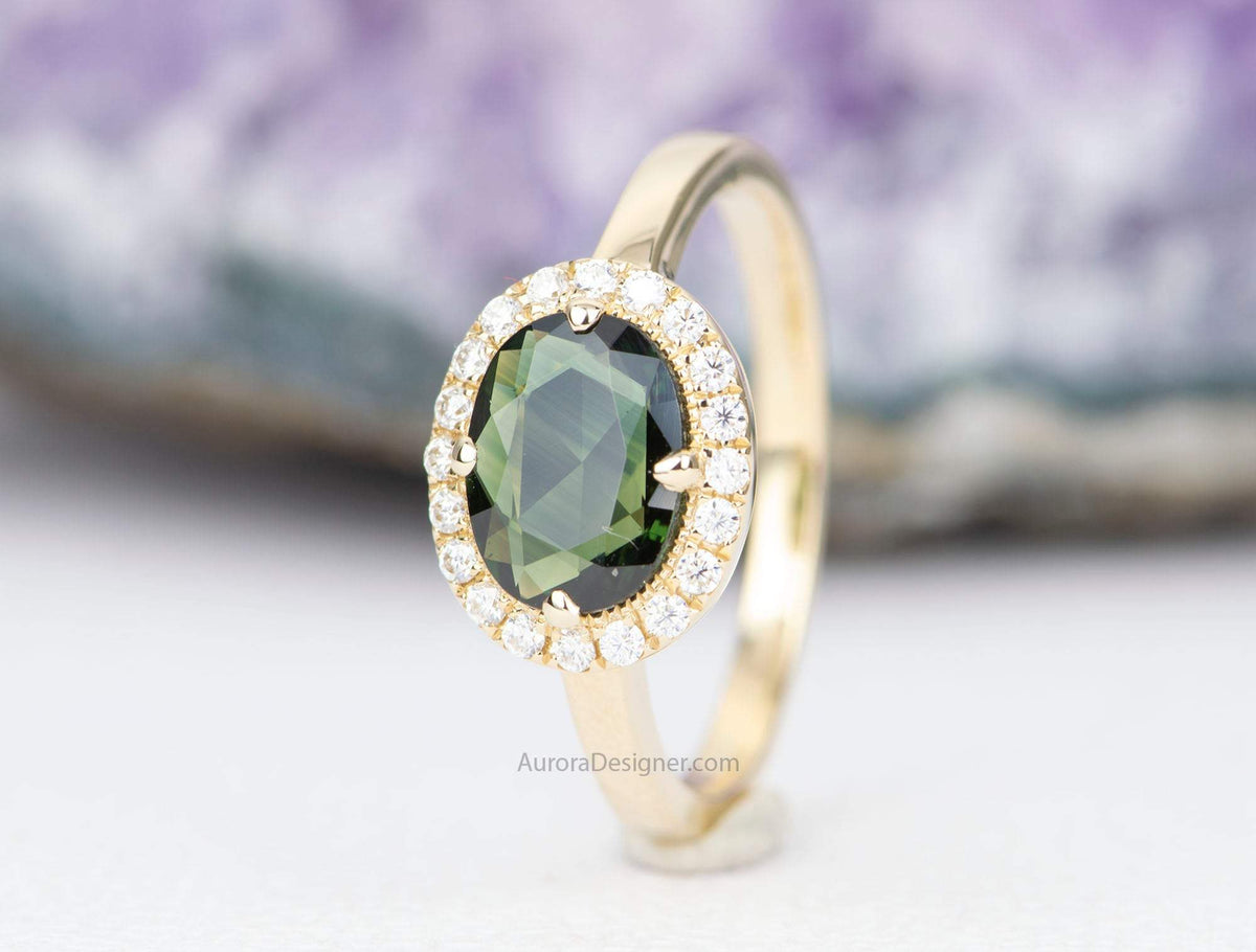 1.16ct Oval Shape Green Sapphire 14K Yellow Gold Engagement Ring Moissanite Halo AD1891