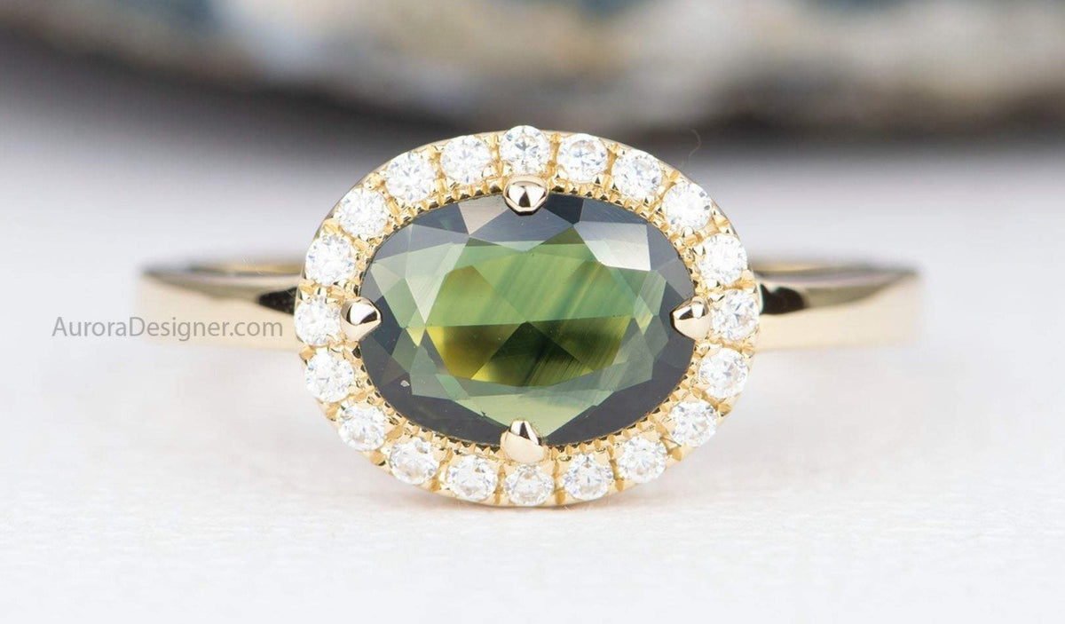 1.16ct Oval Shape Green Sapphire 14K Yellow Gold Engagement Ring Moissanite Halo AD1891