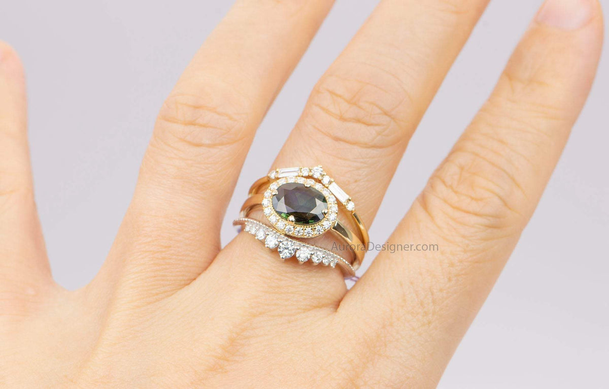 1.16ct Oval Shape Green Sapphire 14K Yellow Gold Engagement Ring Moissanite Halo AD1891