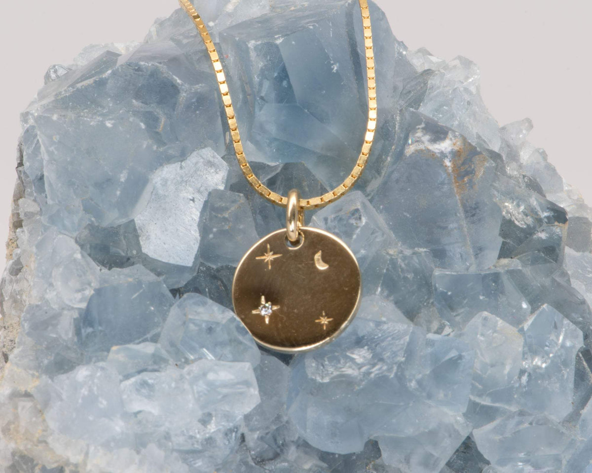 12mm Hand Engraved Celestial Diamond Circle Pendant 14K Yellow Gold M4005