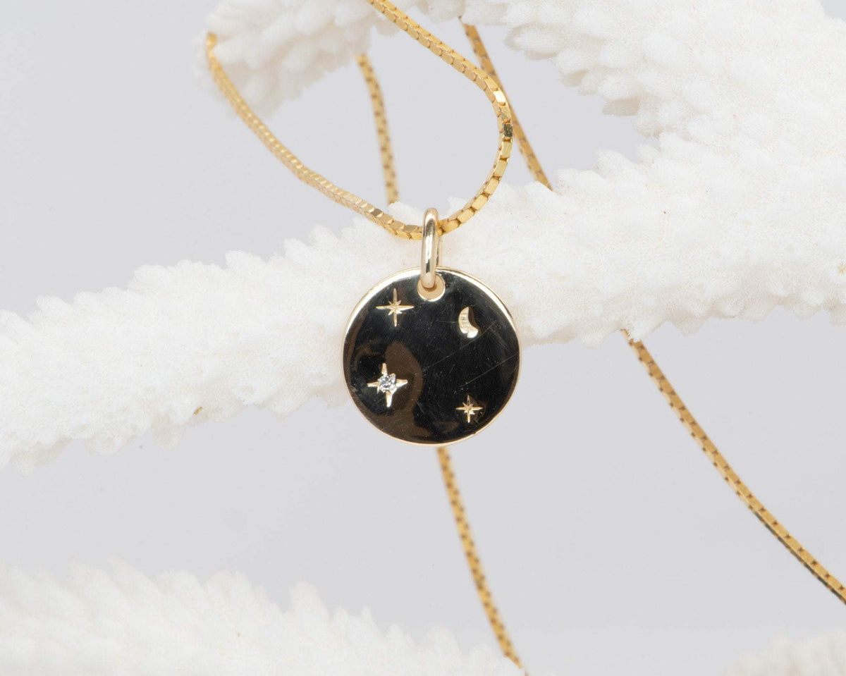 12mm Hand Engraved Celestial Diamond Circle Pendant 14K Yellow Gold M4005