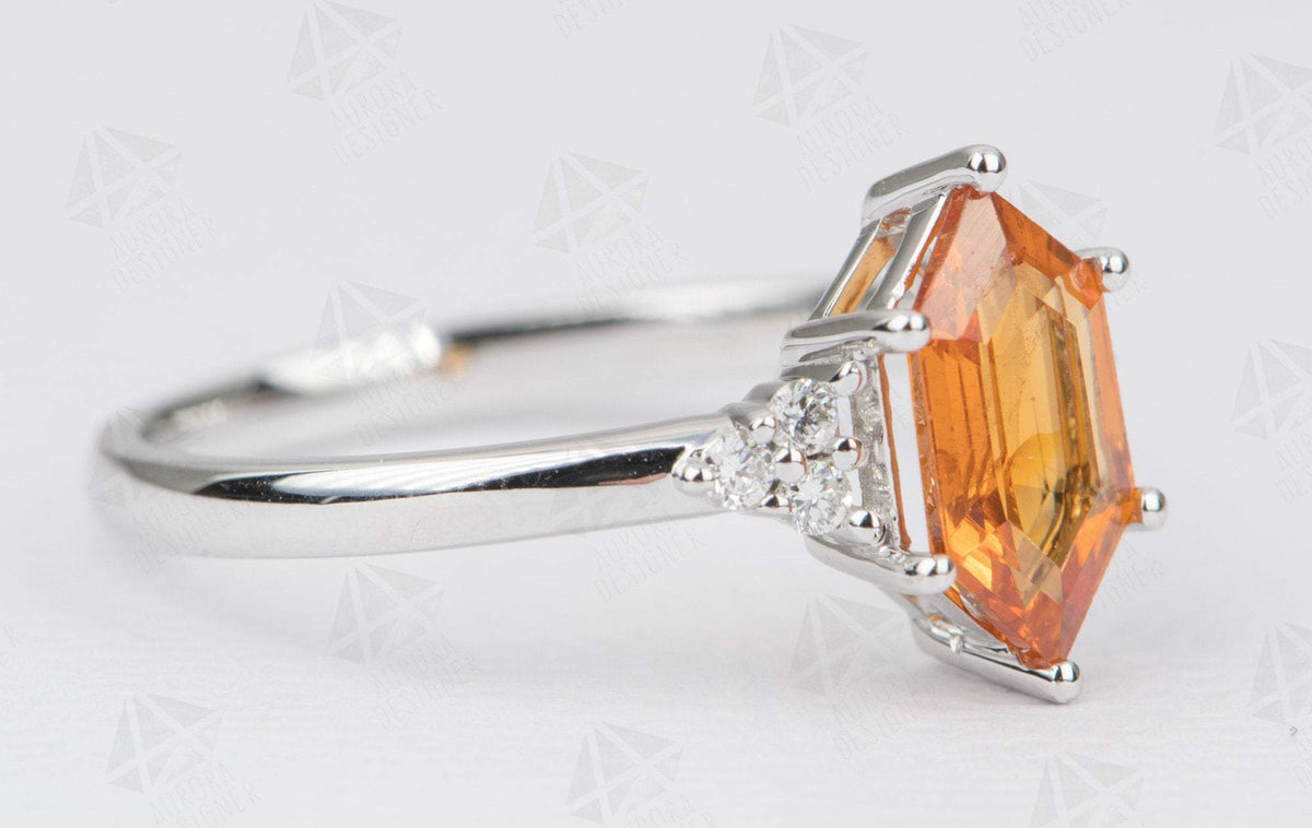 1.41ct Hexagon Shape Mandarin Garnet Engagement Ring 14K White Gold Trio Diamond Sides AD1756-10