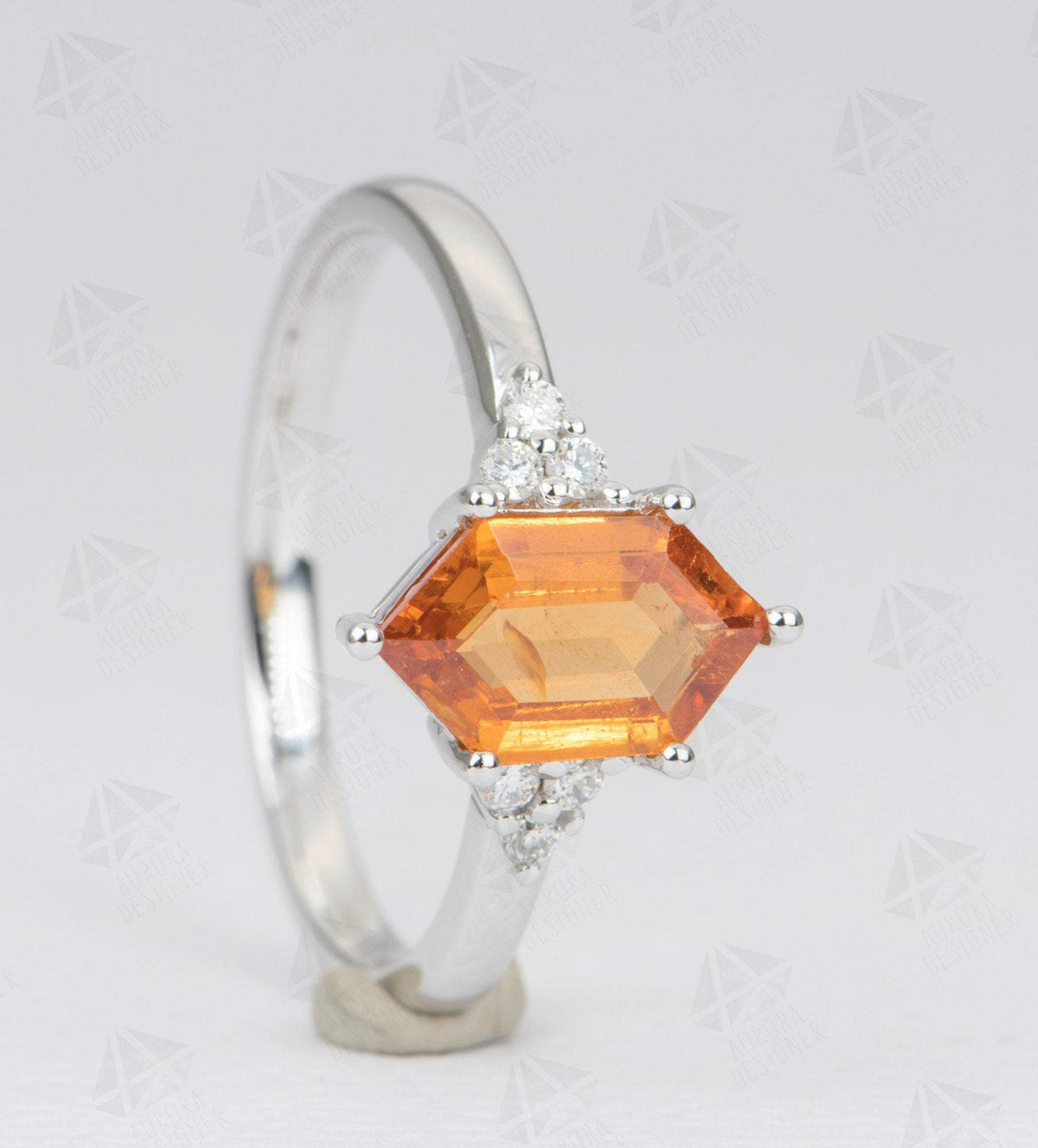 1.41ct Hexagon Shape Mandarin Garnet Engagement Ring 14K White Gold Trio Diamond Sides AD1756-10