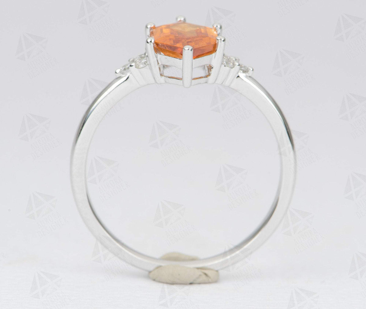 1.41ct Hexagon Shape Mandarin Garnet Engagement Ring 14K White Gold Trio Diamond Sides AD1756-10