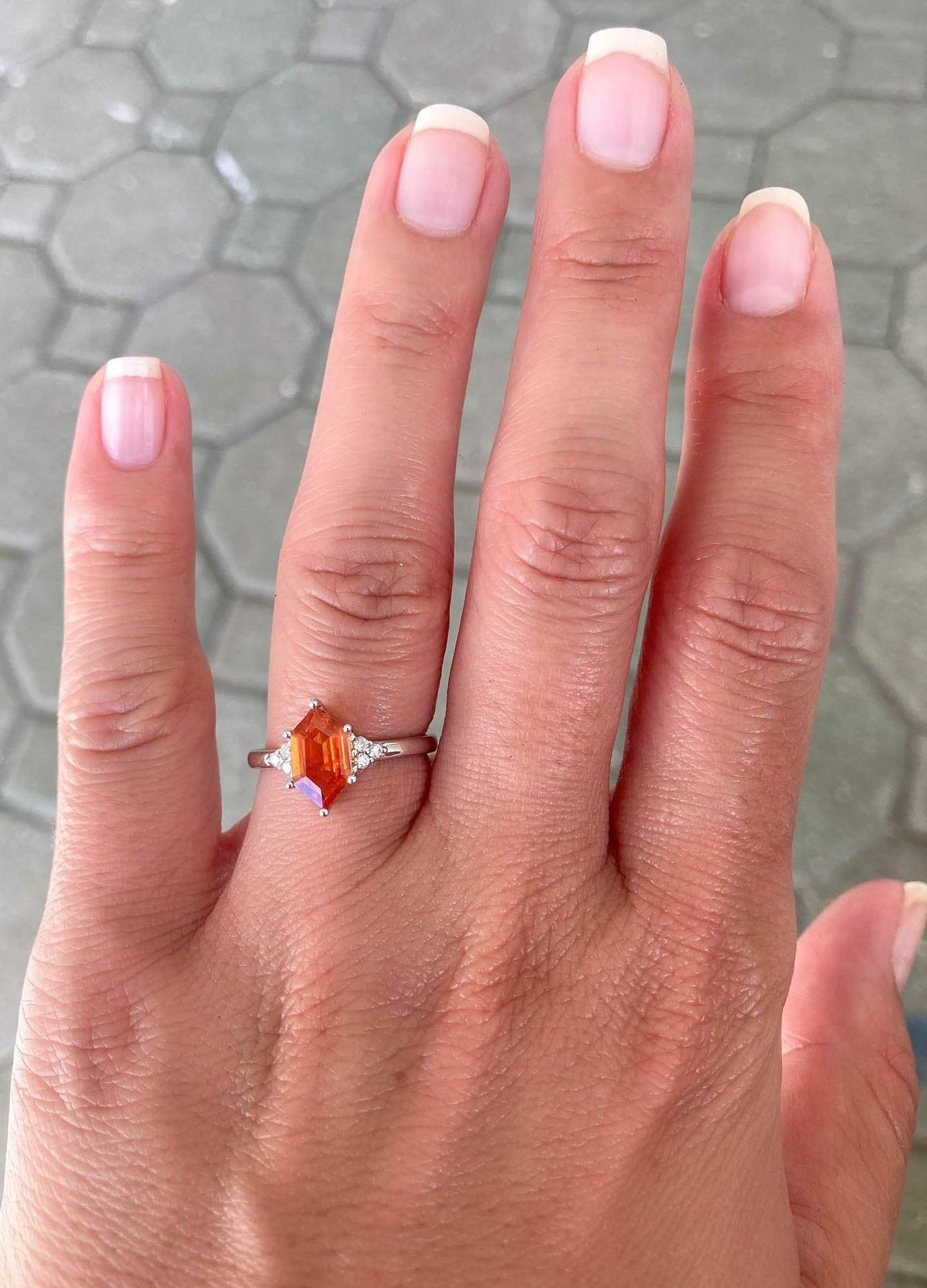 1.41ct Hexagon Shape Mandarin Garnet Engagement Ring 14K White Gold Trio Diamond Sides AD1756-10