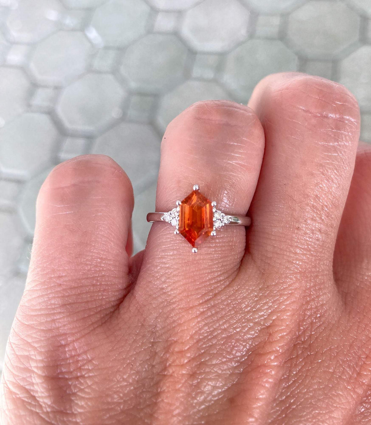 1.41ct Hexagon Shape Mandarin Garnet Engagement Ring 14K White Gold Trio Diamond Sides AD1756-10