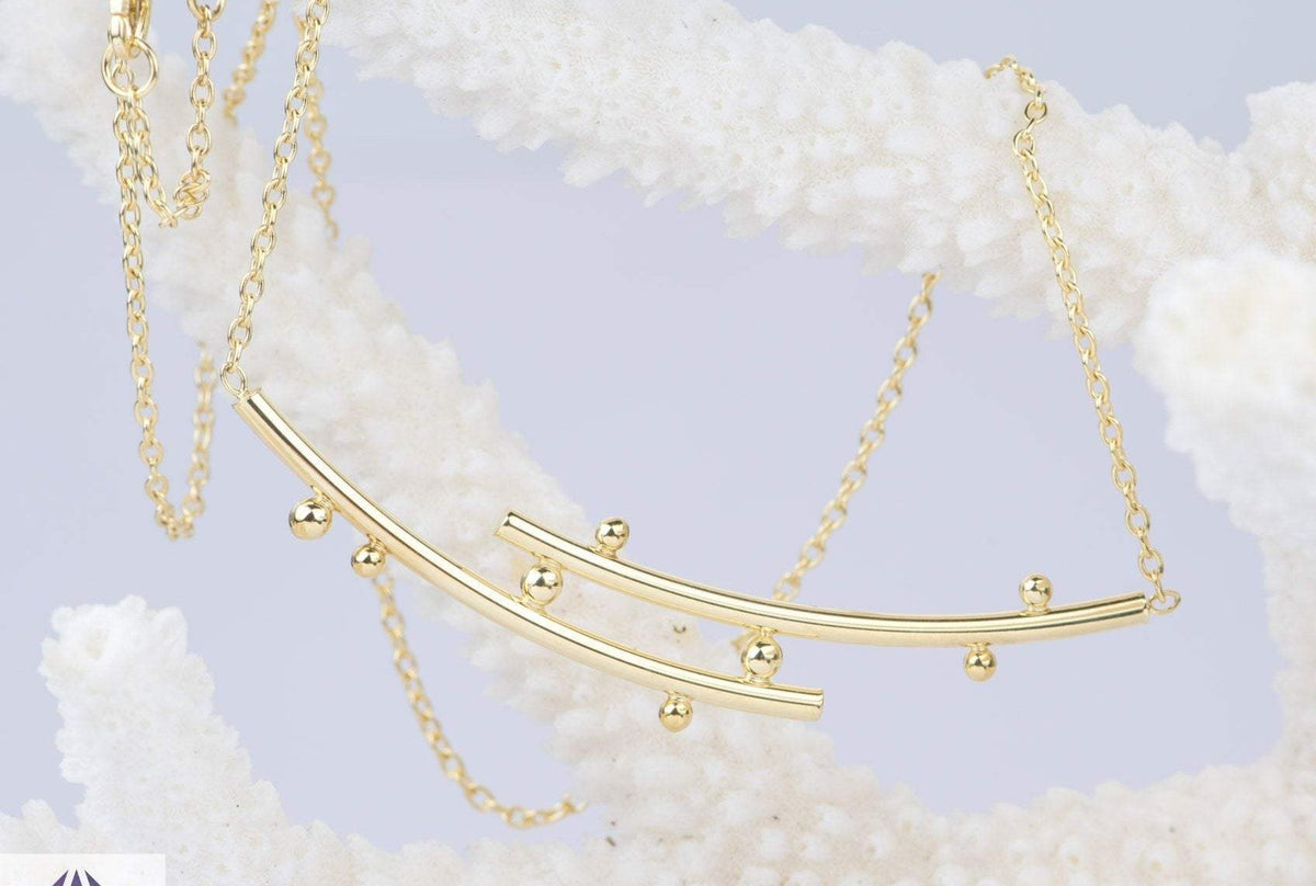 14K Yellow Gold Balance Beams &amp; Beads Contemporary Modern Design Necklace Chain Anniversary AD2283