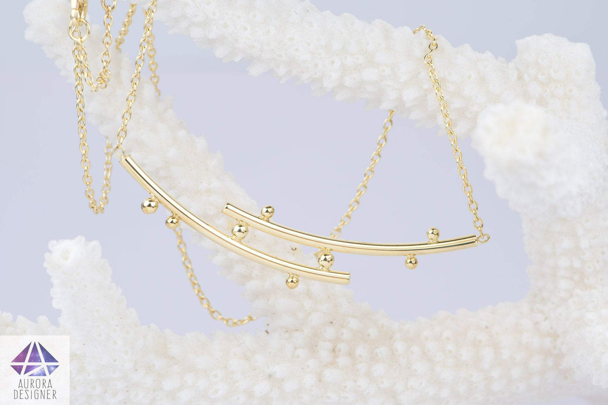 14K Yellow Gold Balance Beams &amp; Beads Contemporary Modern Design Necklace Chain Anniversary AD2283