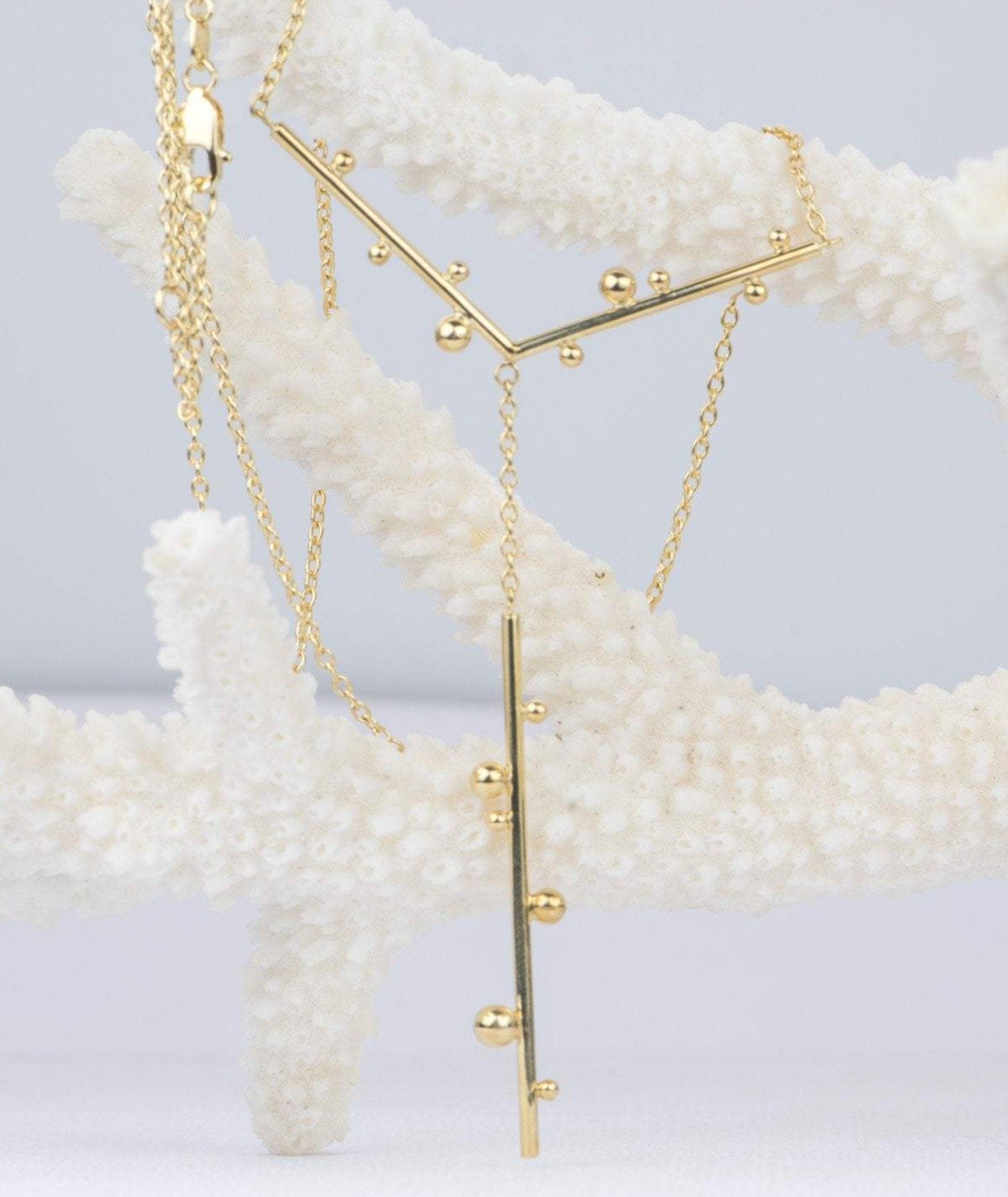 14K Yellow Gold Balance Beams &amp; Beads Contemporary Modern Design Necklace Chain Anniversary AD2284