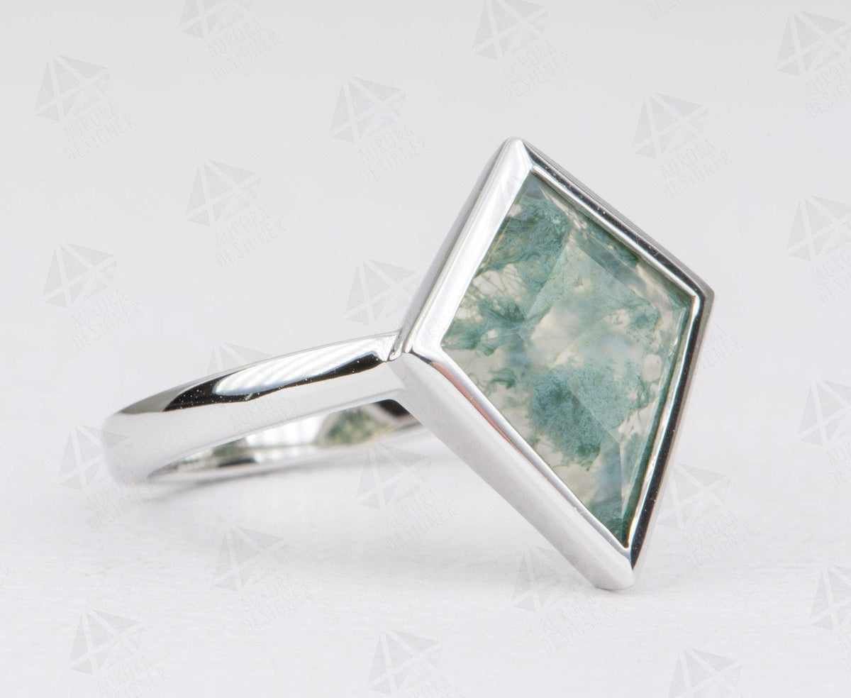 1.71ct Kite Shape Moss Agate Bezel Set Engagement Ring 14K White Gold Low Profile OOAK AD1486-7
