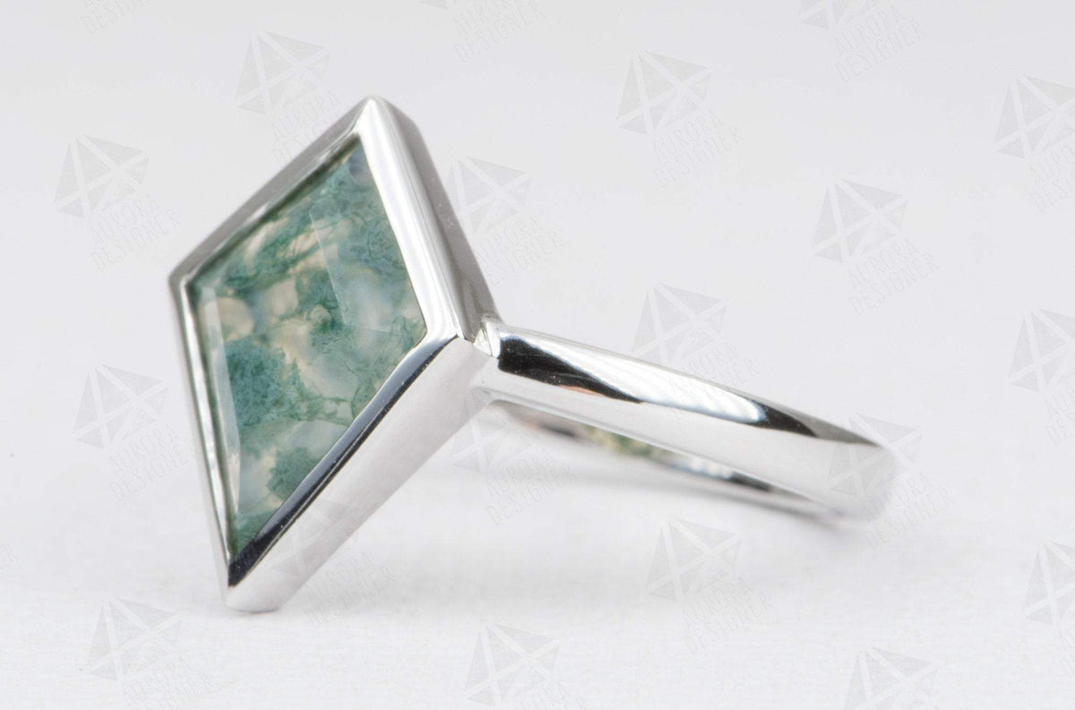 1.71ct Kite Shape Moss Agate Bezel Set Engagement Ring 14K White Gold Low Profile OOAK AD1486-7