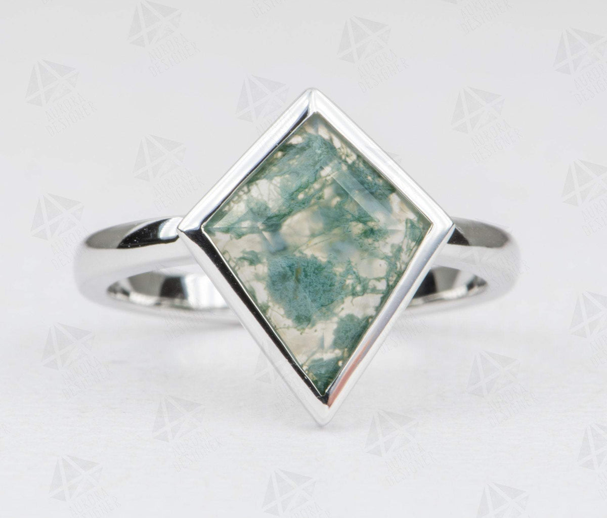 1.71ct Kite Shape Moss Agate Bezel Set Engagement Ring 14K White Gold Low Profile OOAK AD1486-7