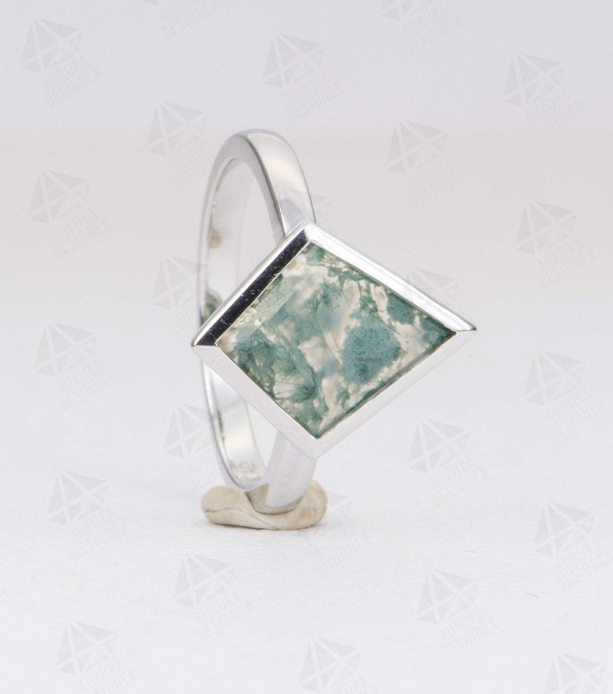 1.71ct Kite Shape Moss Agate Bezel Set Engagement Ring 14K White Gold Low Profile OOAK AD1486-7