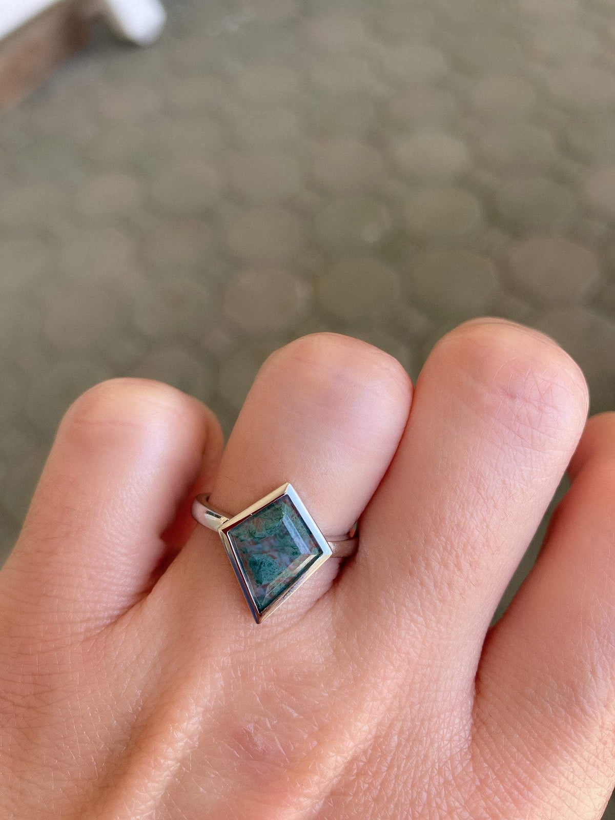1.71ct Kite Shape Moss Agate Bezel Set Engagement Ring 14K White Gold Low Profile OOAK AD1486-7
