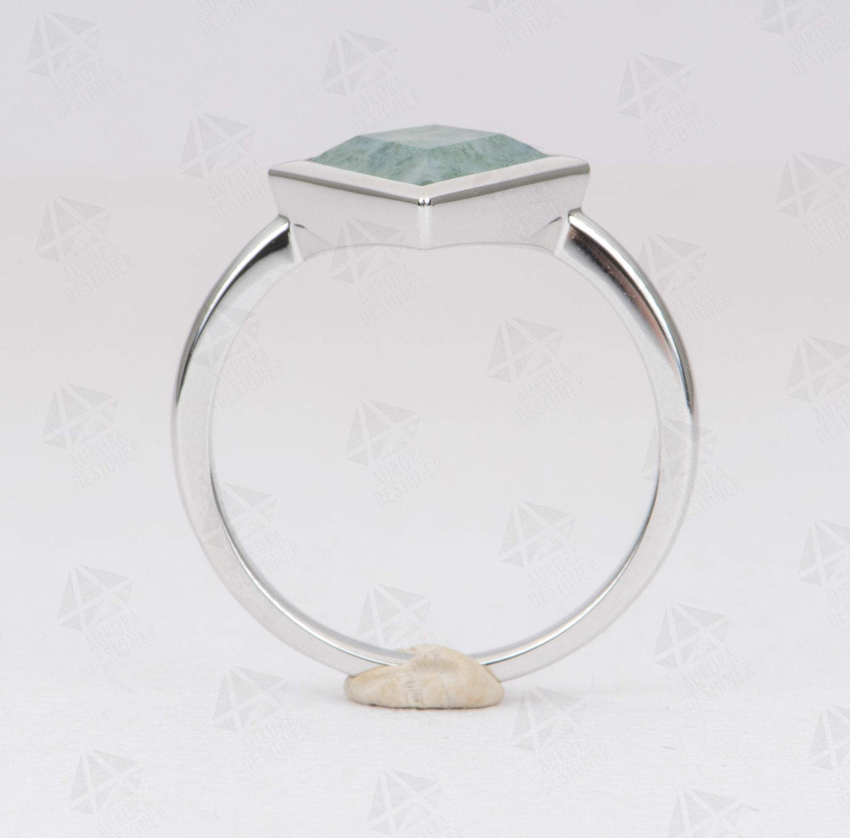 1.71ct Kite Shape Moss Agate Bezel Set Engagement Ring 14K White Gold Low Profile OOAK AD1486-7
