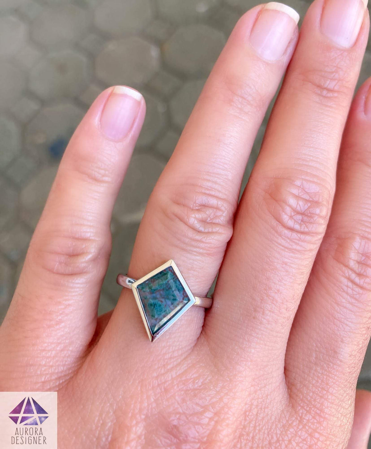 1.71ct Kite Shape Moss Agate Bezel Set Engagement Ring 14K White Gold Low Profile OOAK AD1486-7