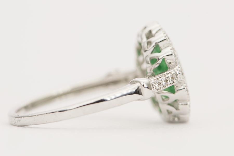 1.81ctw Emerald and Diamond Halo Scallop Milgrain Edge 18K Gold Engagement Ring AD1653