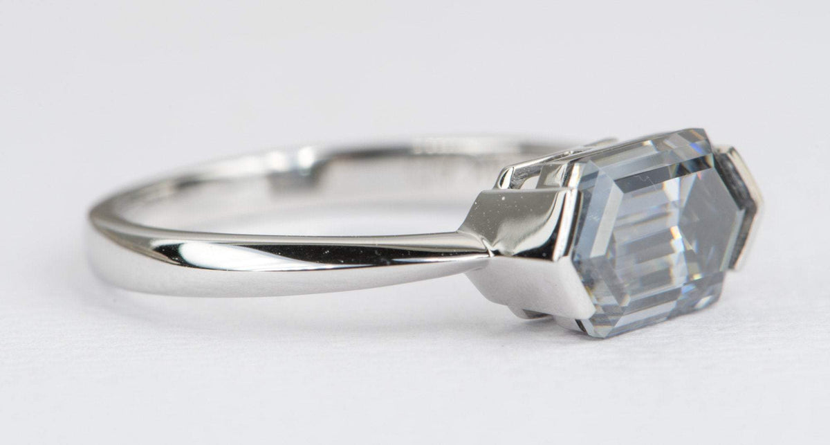 1.86ct Hexagon Shape Gray Moissanite Engagement Ring 14K White Gold East West Set Knife Edge AD2333