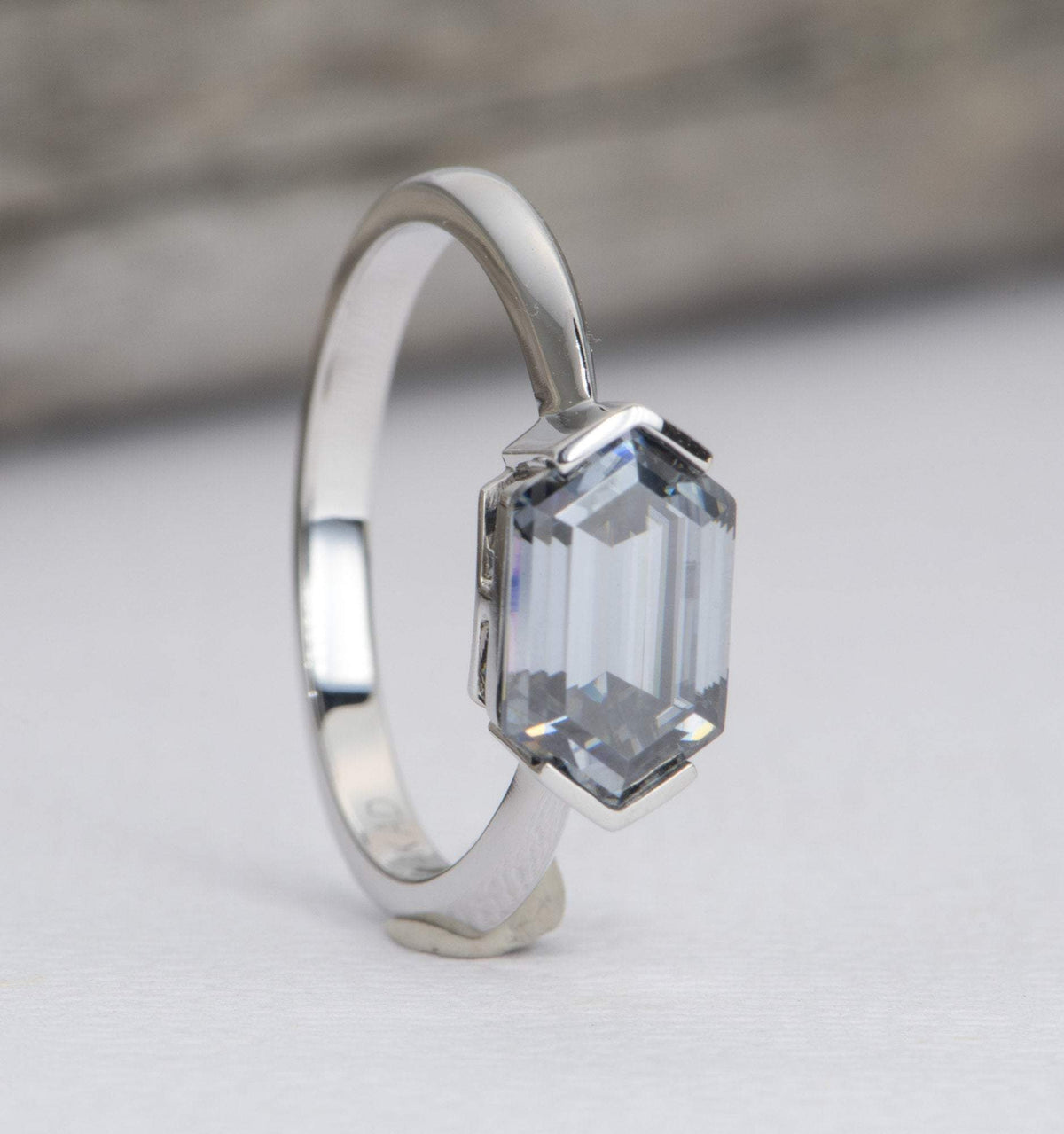 1.86ct Hexagon Shape Gray Moissanite Engagement Ring 14K White Gold East West Set Knife Edge AD2333