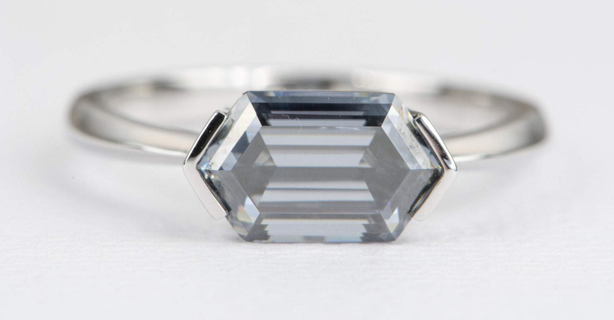 1.86ct Hexagon Shape Gray Moissanite Engagement Ring 14K White Gold East West Set Knife Edge AD2333