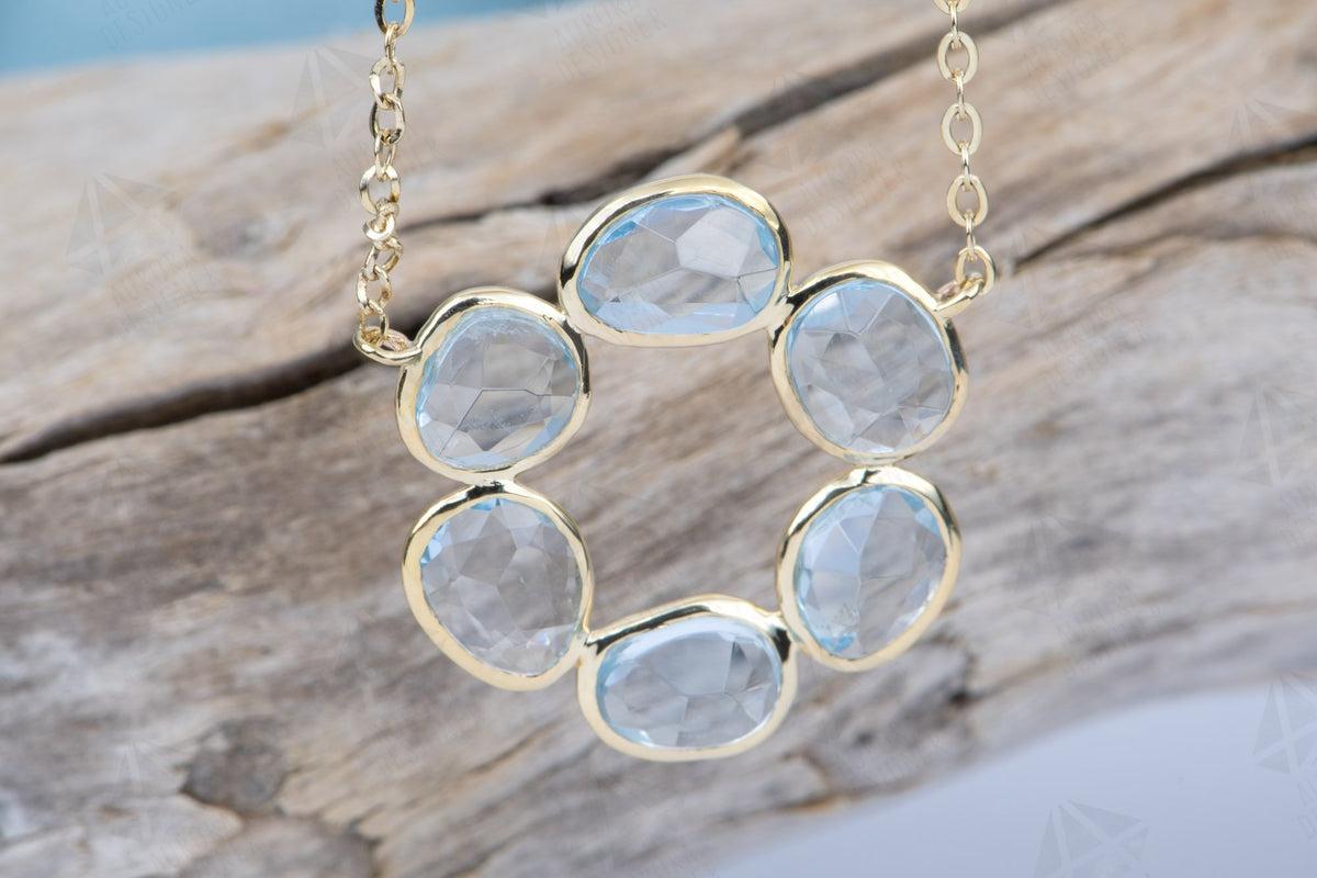 2.3ct Aquamarine Bezel Set Necklace 14K Yellow Gold Circle Pendant Rose Cut OOAK Blue Aqua AD1771
