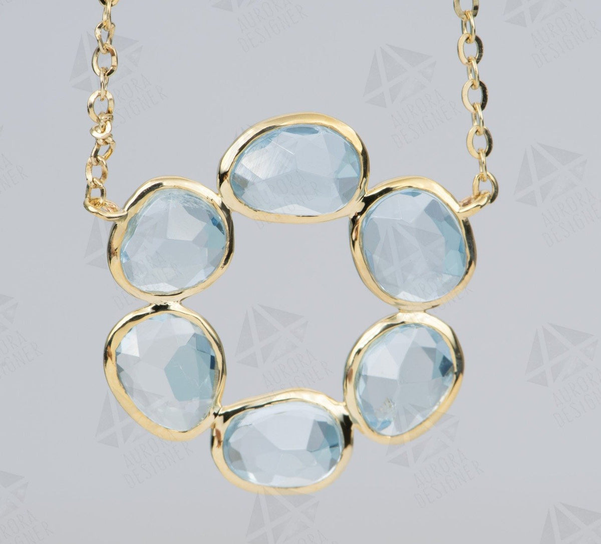 2.3ct Aquamarine Bezel Set Necklace 14K Yellow Gold Circle Pendant Rose Cut OOAK Blue Aqua AD1771