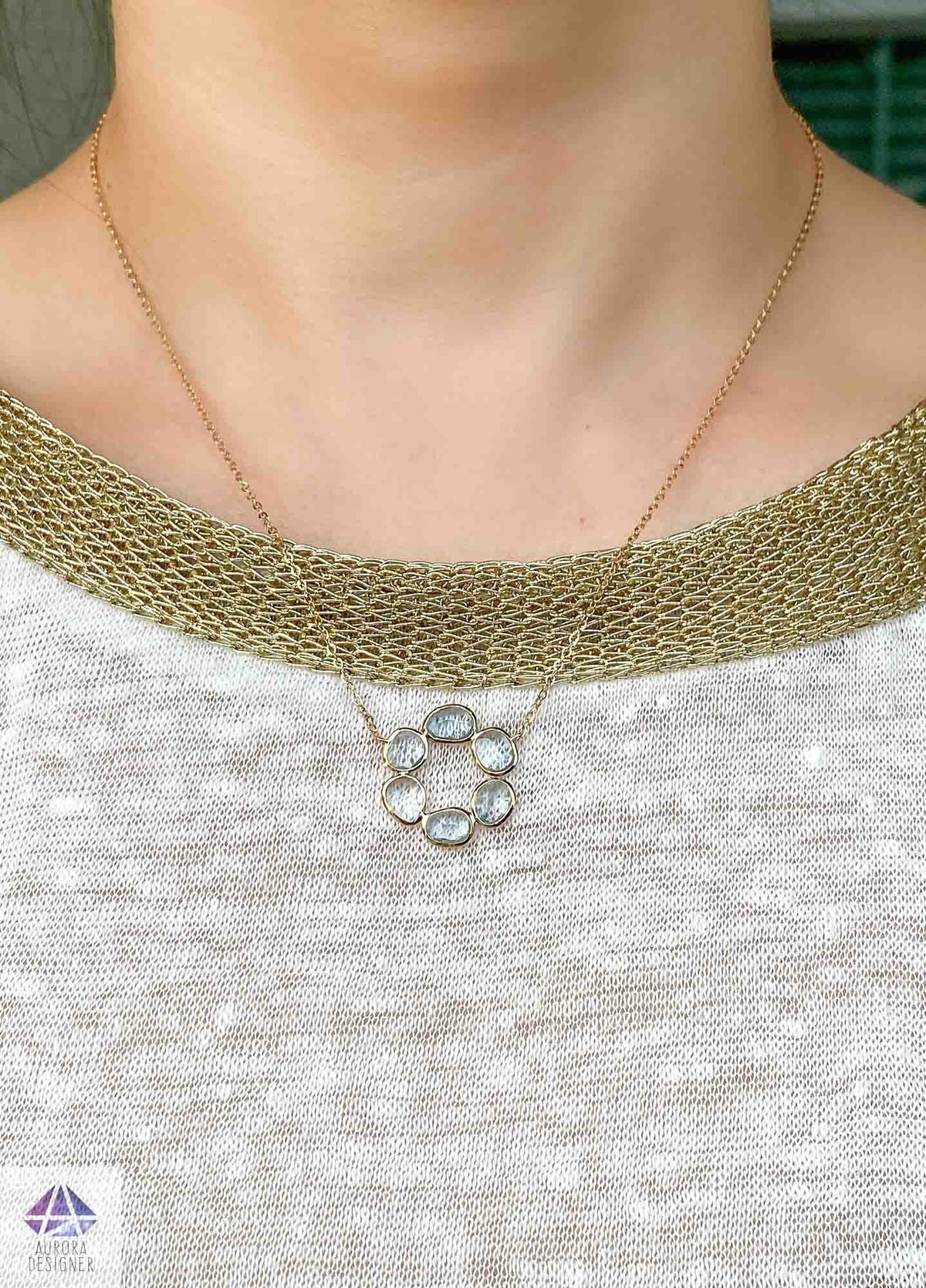 2.3ct Aquamarine Bezel Set Necklace 14K Yellow Gold Circle Pendant Rose Cut OOAK Blue Aqua AD1771