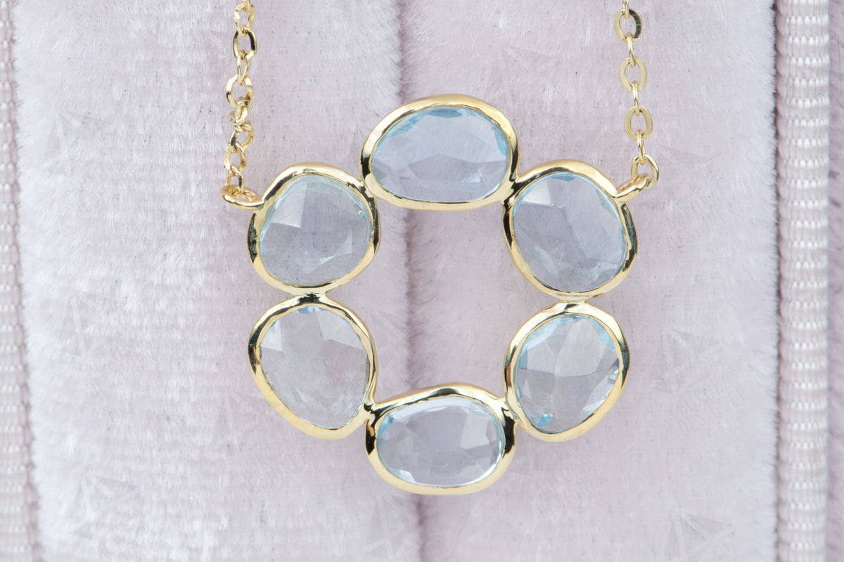 2.3ct Aquamarine Bezel Set Necklace 14K Yellow Gold Circle Pendant Rose Cut OOAK Blue Aqua AD1771