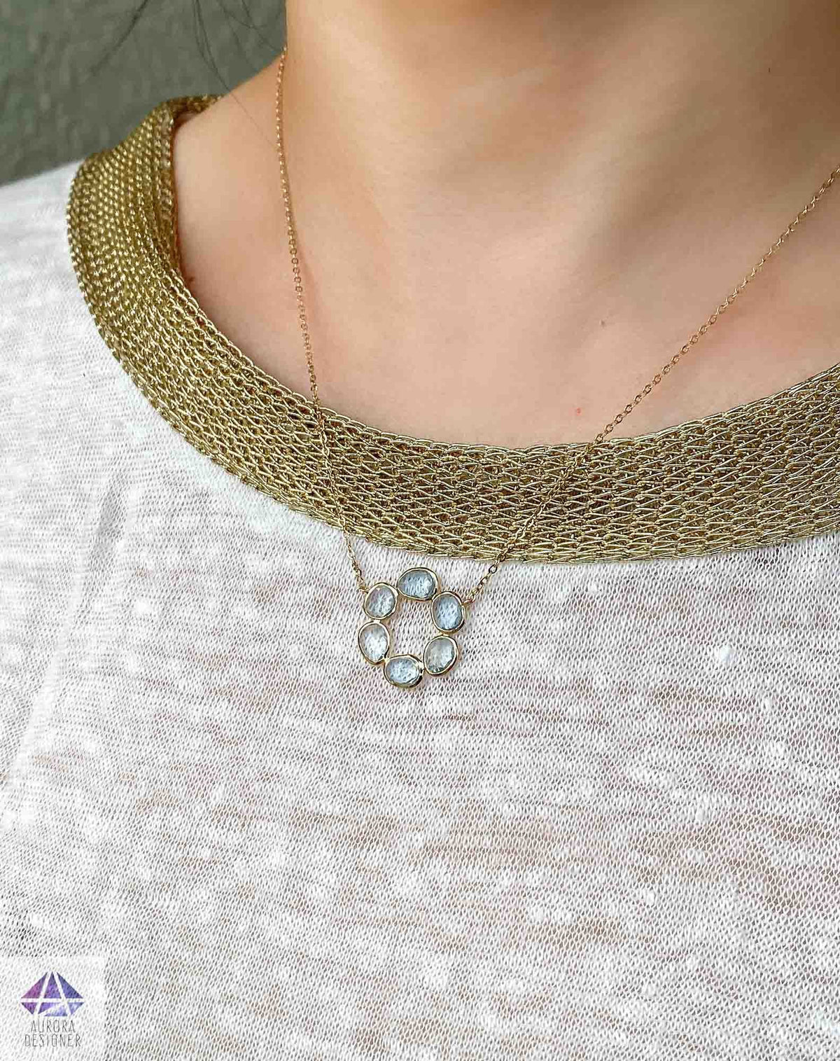 2.3ct Aquamarine Bezel Set Necklace 14K Yellow Gold Circle Pendant Rose Cut OOAK Blue Aqua AD1771