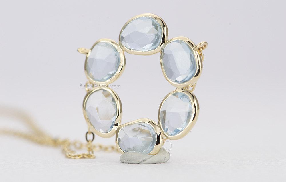 2.3ct Aquamarine Bezel Set Necklace 14K Yellow Gold Circle Pendant Rose Cut OOAK Blue Aqua AD1771