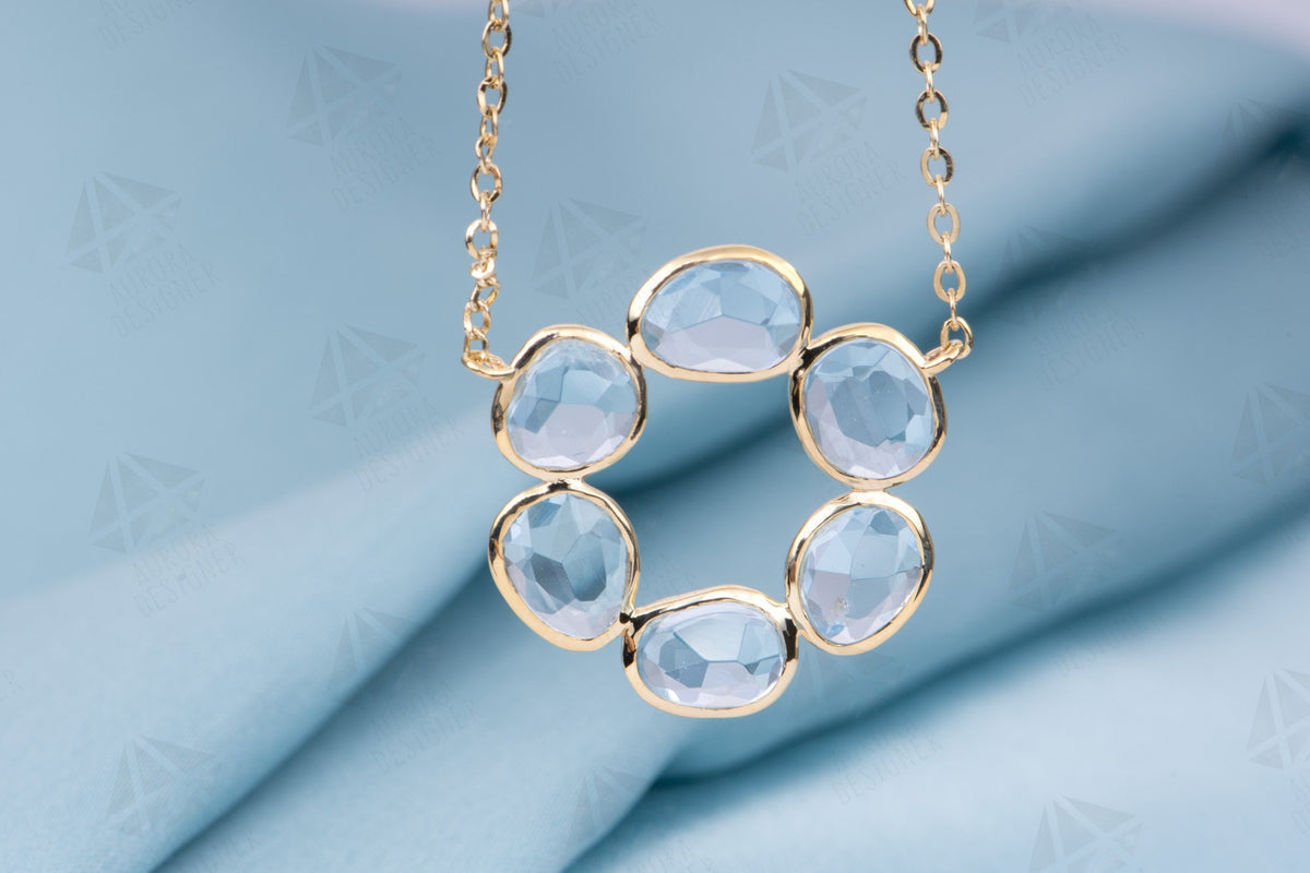 2.3ct Aquamarine Bezel Set Necklace 14K Yellow Gold Circle Pendant Rose Cut OOAK Blue Aqua AD1771