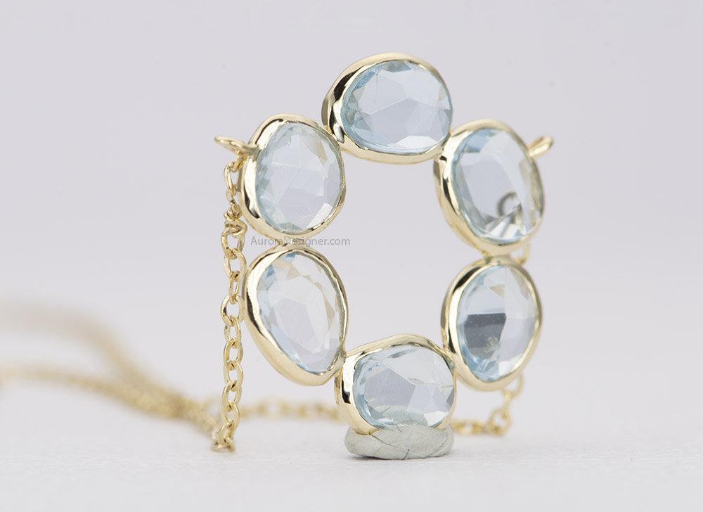 2.3ct Aquamarine Bezel Set Necklace 14K Yellow Gold Circle Pendant Rose Cut OOAK Blue Aqua AD1771