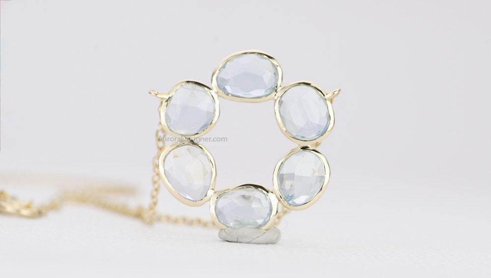 2.3ct Aquamarine Bezel Set Necklace 14K Yellow Gold Circle Pendant Rose Cut OOAK Blue Aqua AD1771
