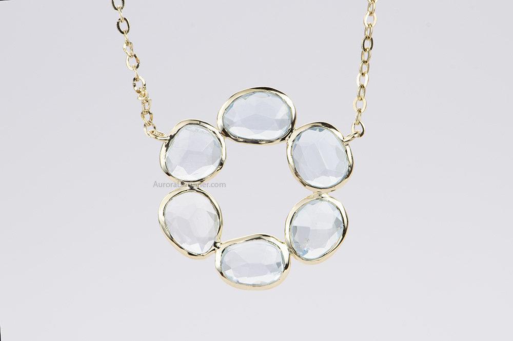 2.3ct Aquamarine Bezel Set Necklace 14K Yellow Gold Circle Pendant Rose Cut OOAK Blue Aqua AD1771