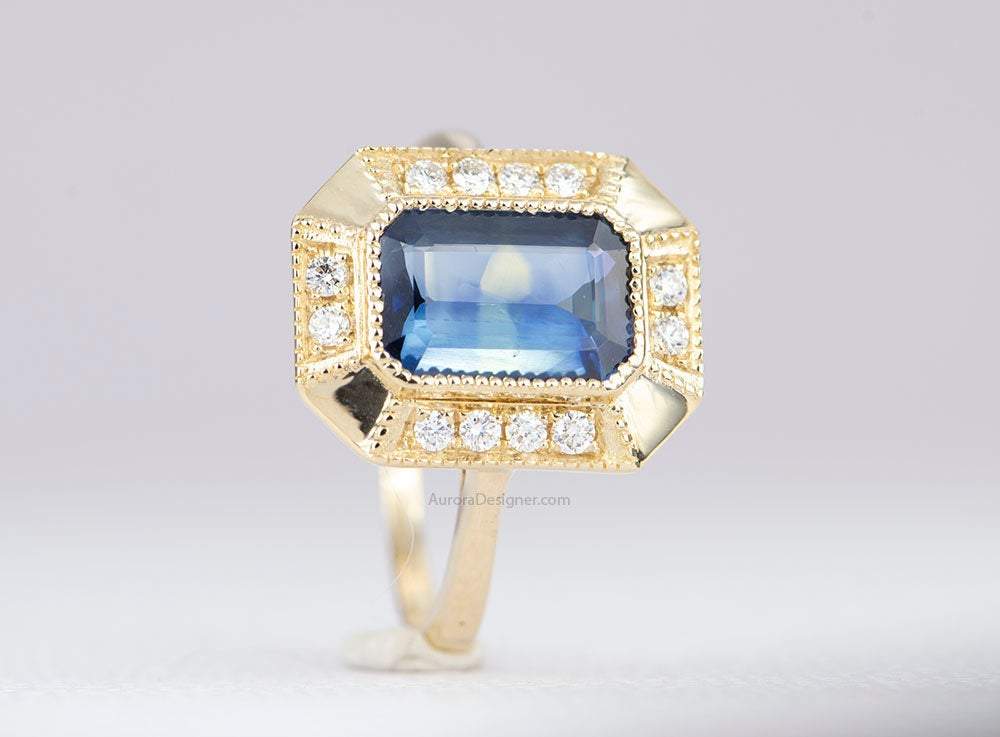2.43ctw Emerald Cut Sapphire Ring Diamond Halo 14K Yellow Gold Statement Blue Teal AD1813