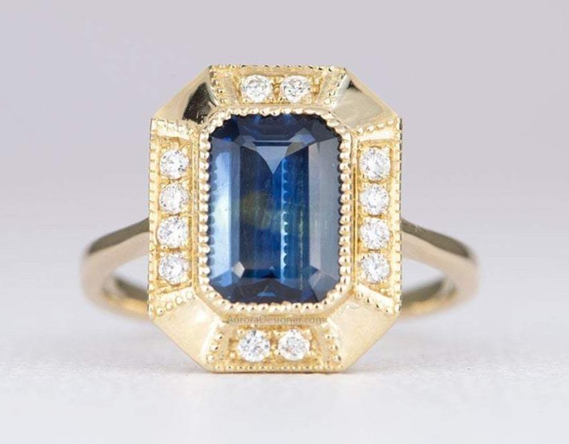 2.43ctw Emerald Cut Sapphire Ring Diamond Halo 14K Yellow Gold Statement Blue Teal AD1813