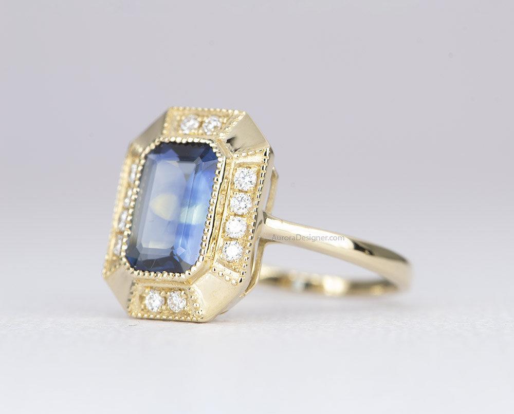 2.43ctw Emerald Cut Sapphire Ring Diamond Halo 14K Yellow Gold Statement Blue Teal AD1813