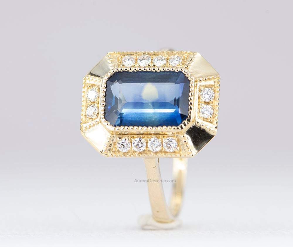 2.43ctw Emerald Cut Sapphire Ring Diamond Halo 14K Yellow Gold Statement Blue Teal AD1813