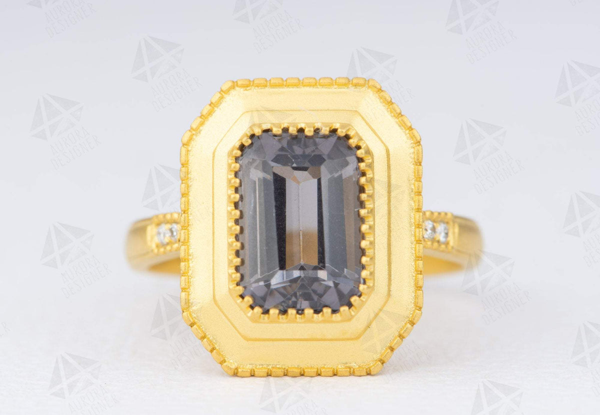 2.46ct Silver Gray Spinel 18K Yellow Gold Engagement Ring Diamond Shank Dark Stormy Gray AD2041