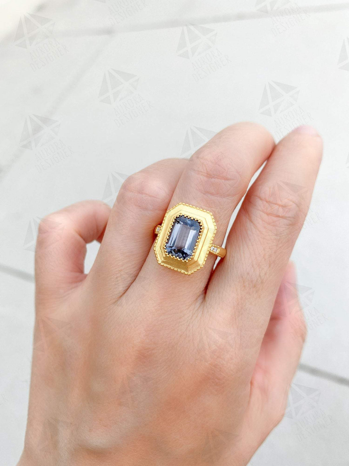 2.46ct Silver Gray Spinel 18K Yellow Gold Engagement Ring Diamond Shank Dark Stormy Gray AD2041