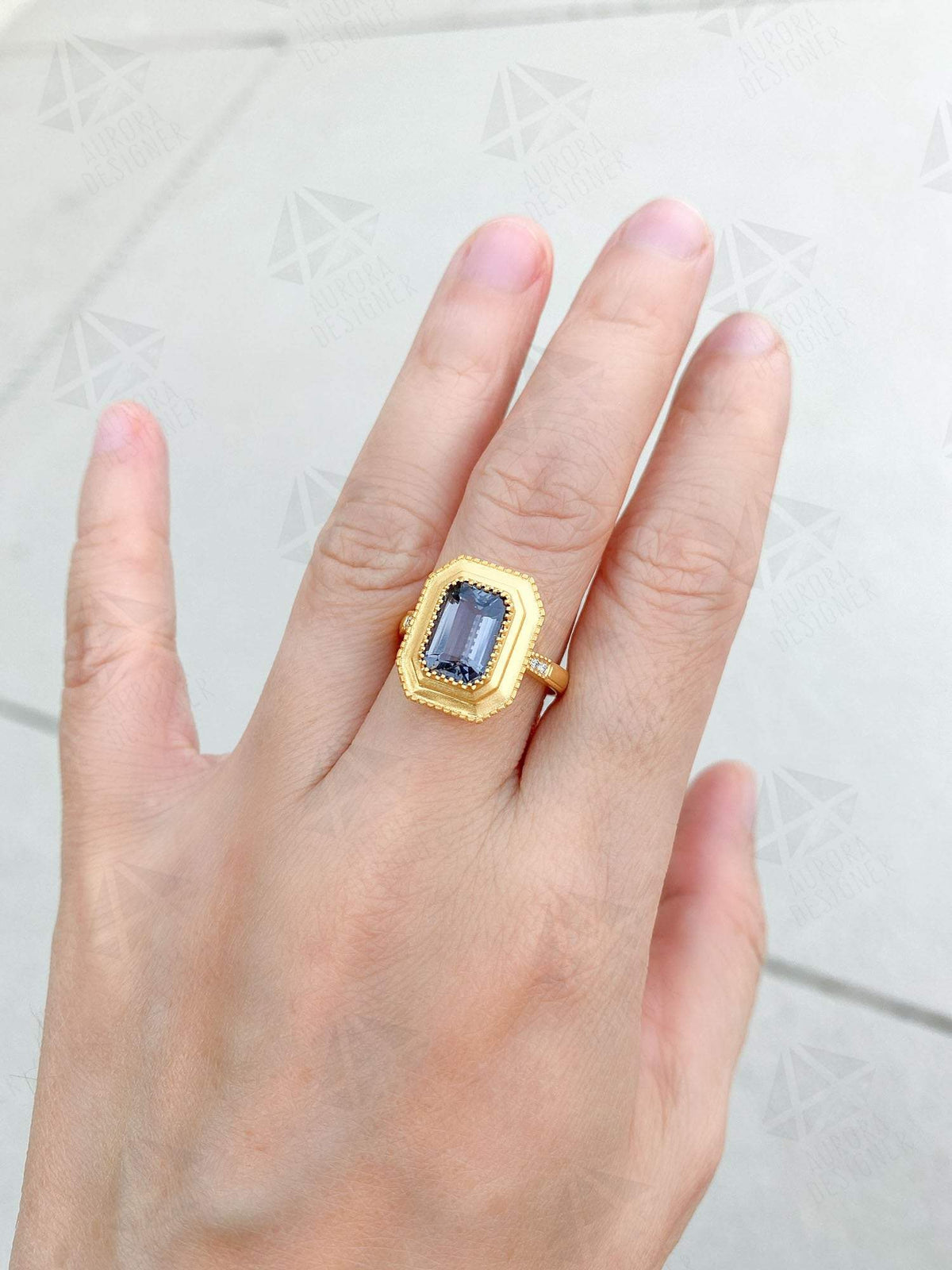 2.46ct Silver Gray Spinel 18K Yellow Gold Engagement Ring Diamond Shank Dark Stormy Gray AD2041