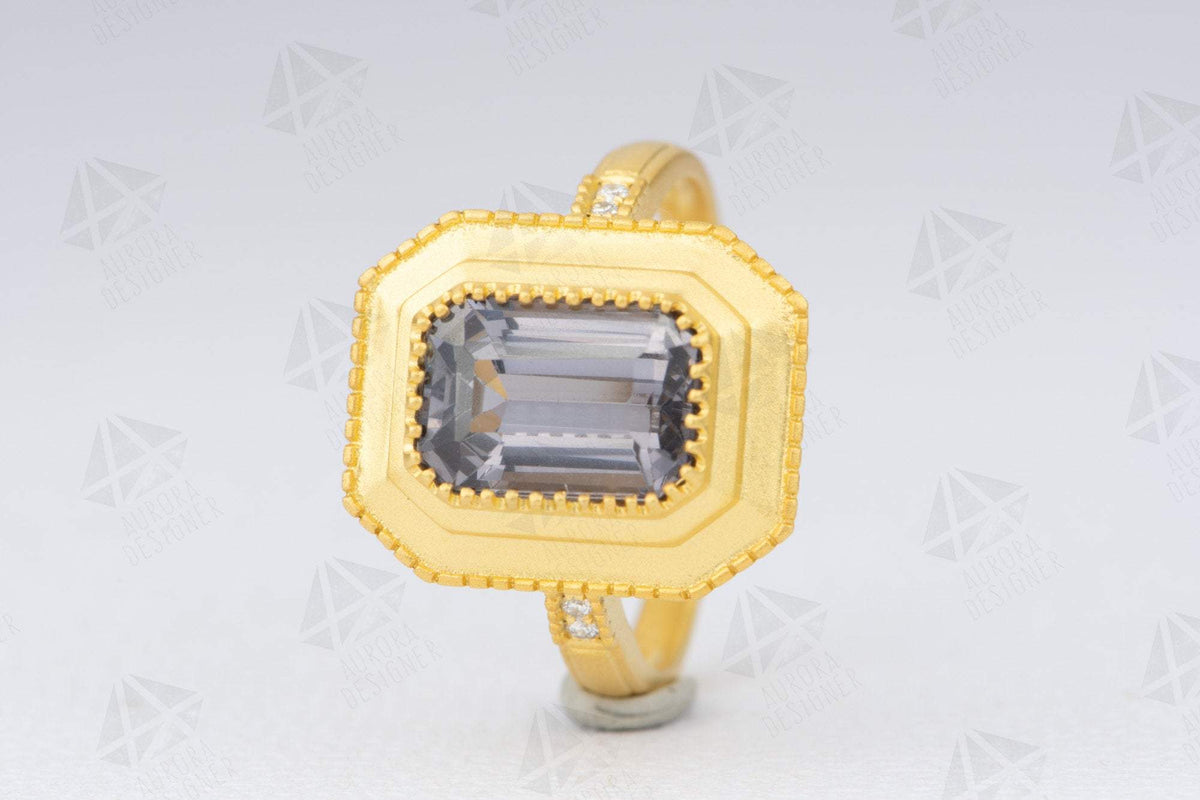 2.46ct Silver Gray Spinel 18K Yellow Gold Engagement Ring Diamond Shank Dark Stormy Gray AD2041