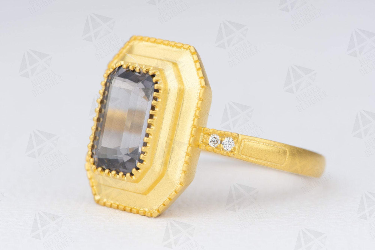 2.46ct Silver Gray Spinel 18K Yellow Gold Engagement Ring Diamond Shank Dark Stormy Gray AD2041