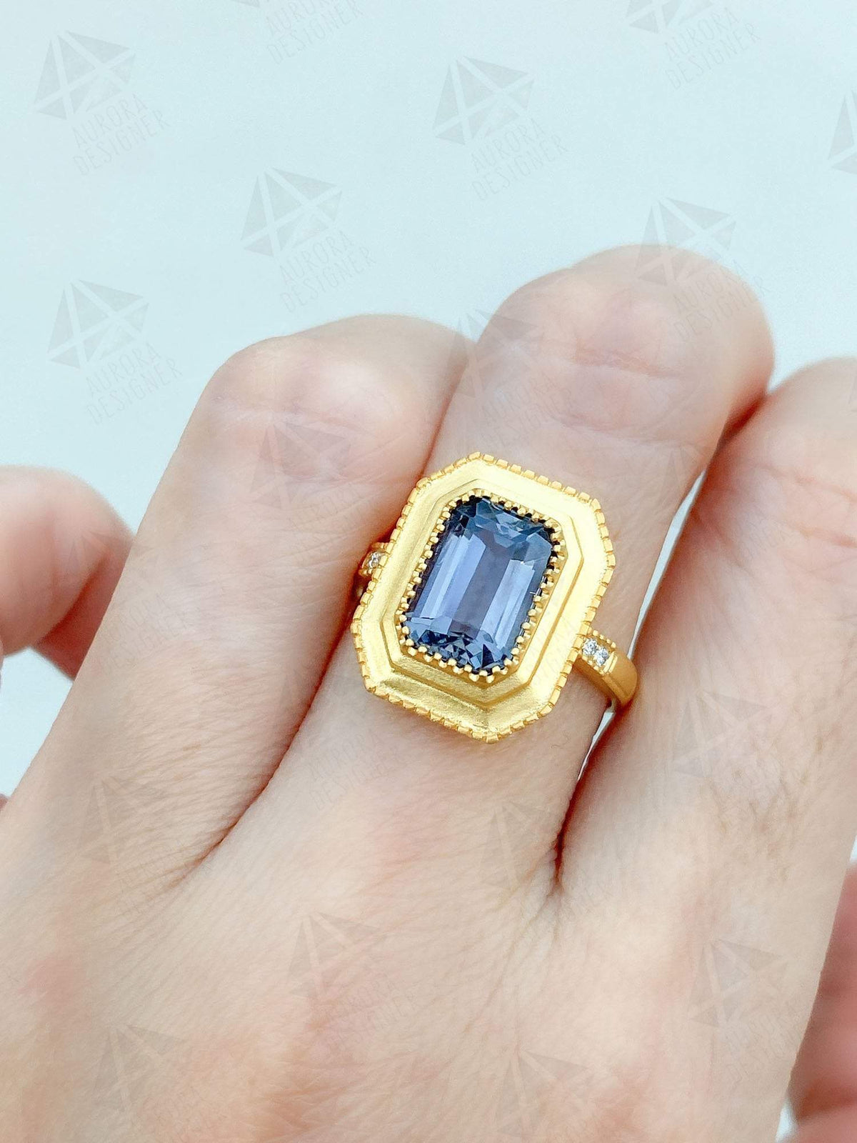 2.46ct Silver Gray Spinel 18K Yellow Gold Engagement Ring Diamond Shank Dark Stormy Gray AD2041