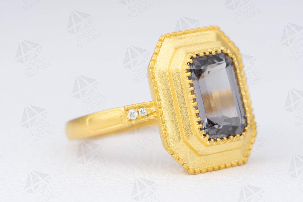 2.46ct Silver Gray Spinel 18K Yellow Gold Engagement Ring Diamond Shank Dark Stormy Gray AD2041